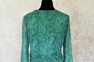 502339 Sea Green Floral Print Chiffon Gown with Embroidery