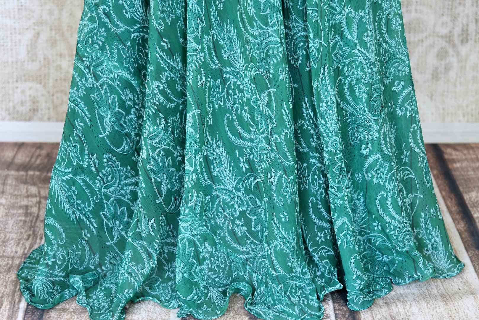 502339 Sea Green Floral Print Chiffon Gown with Embroidery