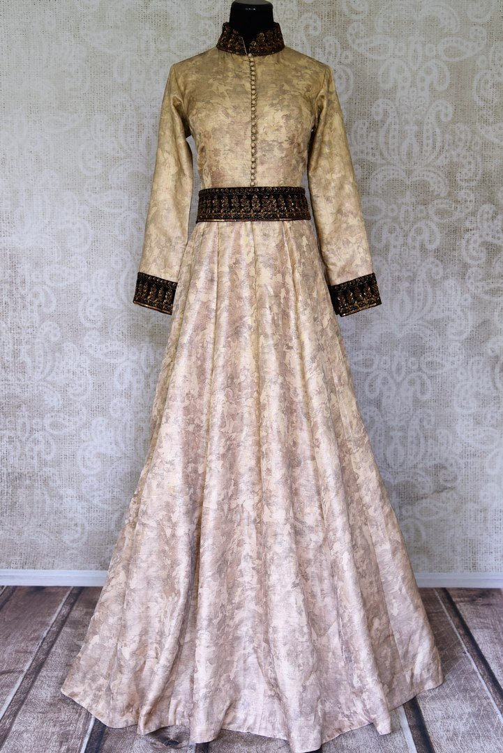 Buy stunning beige embroidered silk Anarkali dress online in USA. Shop the latest Indian women clothing and designer dresses for weddings and special occasions from Pure Elegance Indian clothing store in USA.-full view