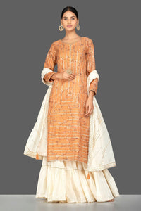 Shop beautiful orange and cream gota work chanderi cotton suit online in USA with dupatta. Be an epitome of Indian fashion with a premium range of designer suits, Anarkali dresses from Pure Elegance luxury Indian fashion store in USA. Buy online now.-full view