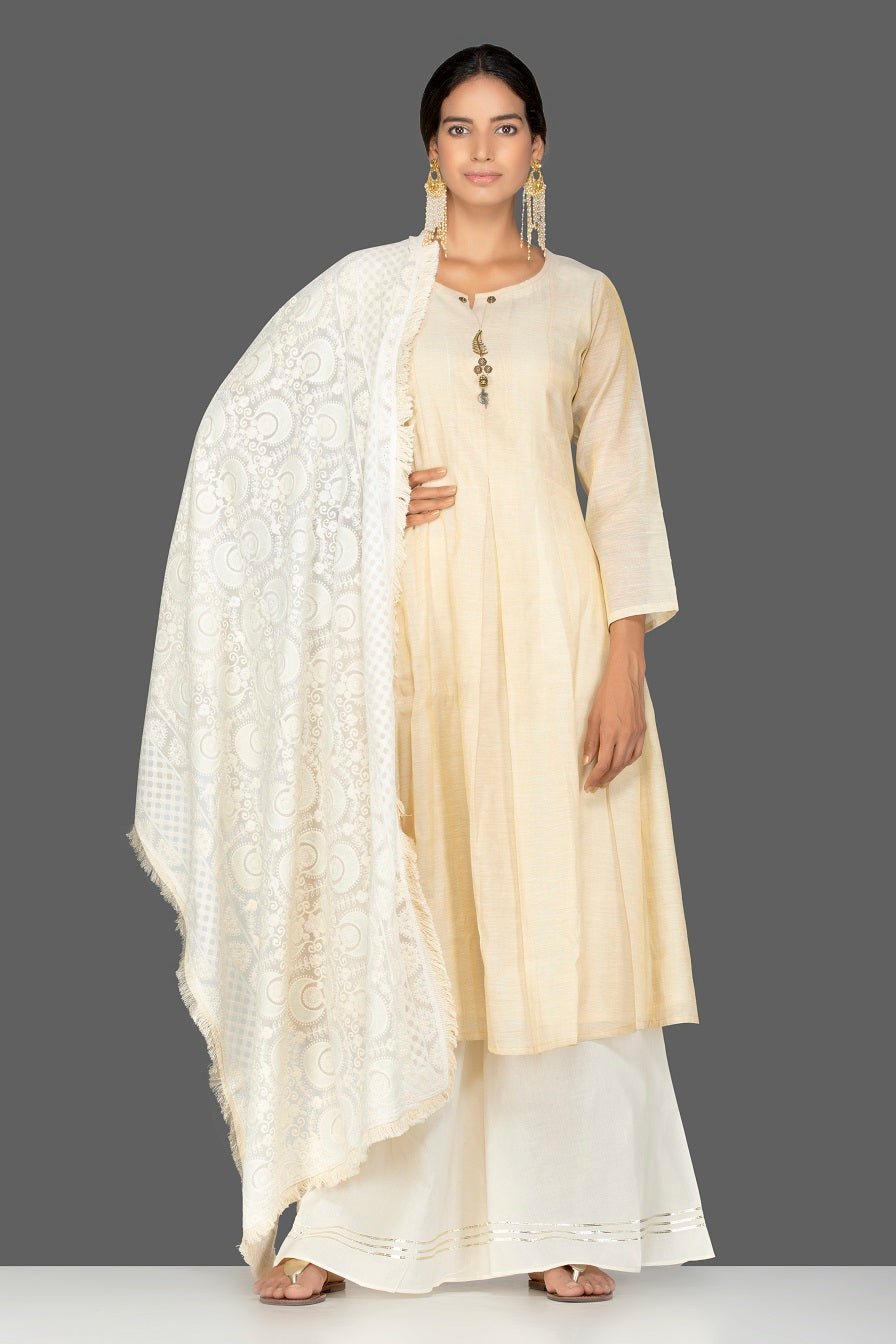 Buy lovely cream tissue chanderi suit online in USA with dupatta. Be an epitome of Indian fashion with a premium range of designer suits, Anarkali dresses from Pure Elegance luxury Indian fashion store in USA. Buy online now.-full view