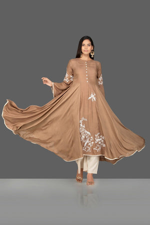 Shop beautiful brown modal silk palazzo suit online in USA. Be an epitome of Indian fashion with a premium range of designer suits, Anarkali dresses from Pure Elegance luxury Indian fashion store in USA. Buy online now.-full view