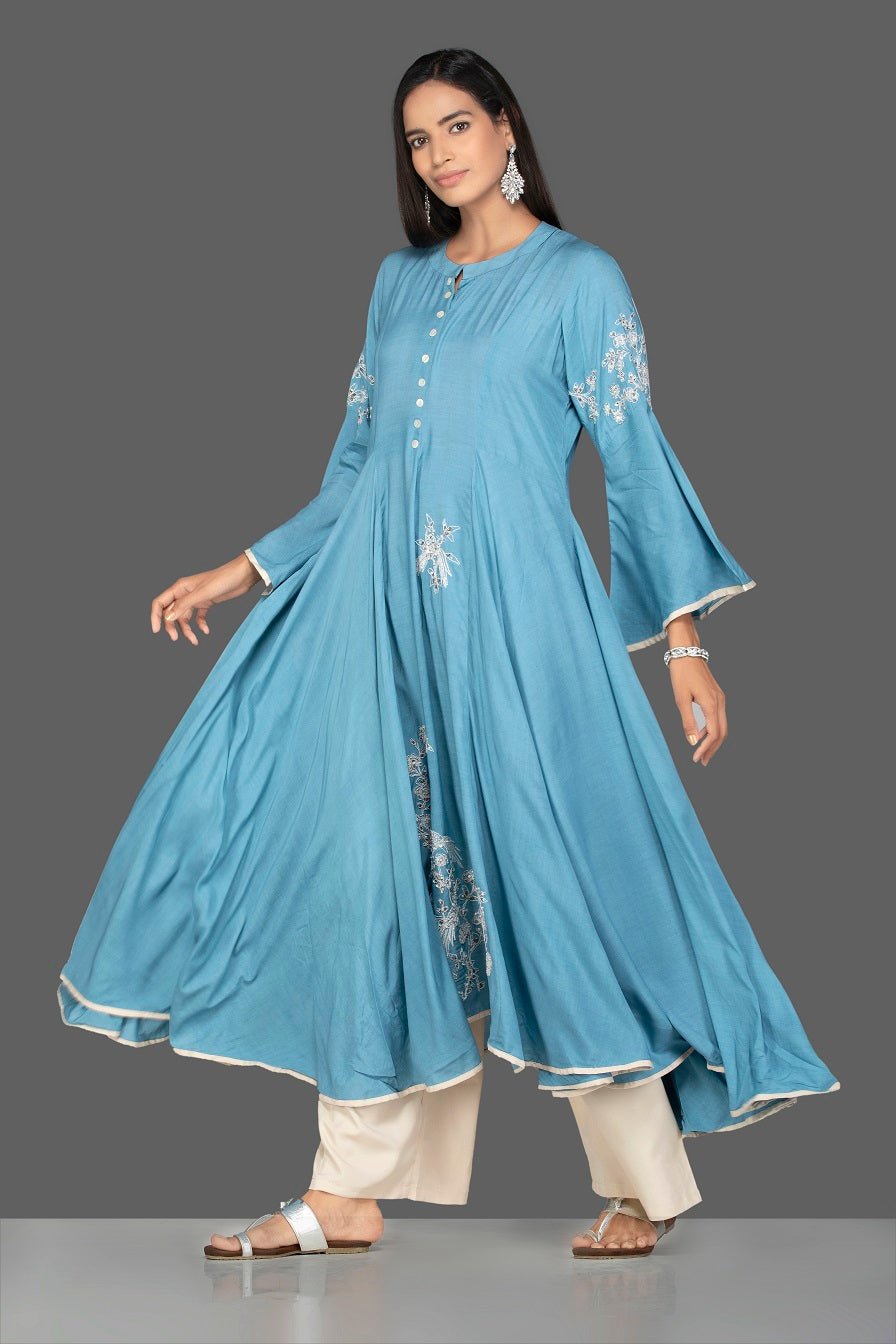 Shop lovely blue modal silk palazzo suit online in USA. Be an epitome of Indian fashion with a premium range of designer suits, Anarkali dresses from Pure Elegance luxury Indian fashion store in USA. Buy online now.-full view