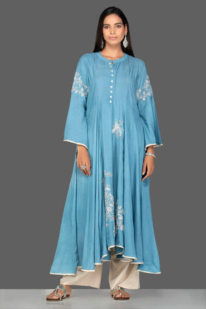 Shop lovely blue modal silk palazzo suit online in USA. Be an epitome of Indian fashion with a premium range of designer suits, Anarkali dresses from Pure Elegance luxury Indian fashion store in USA. Buy online now.-front