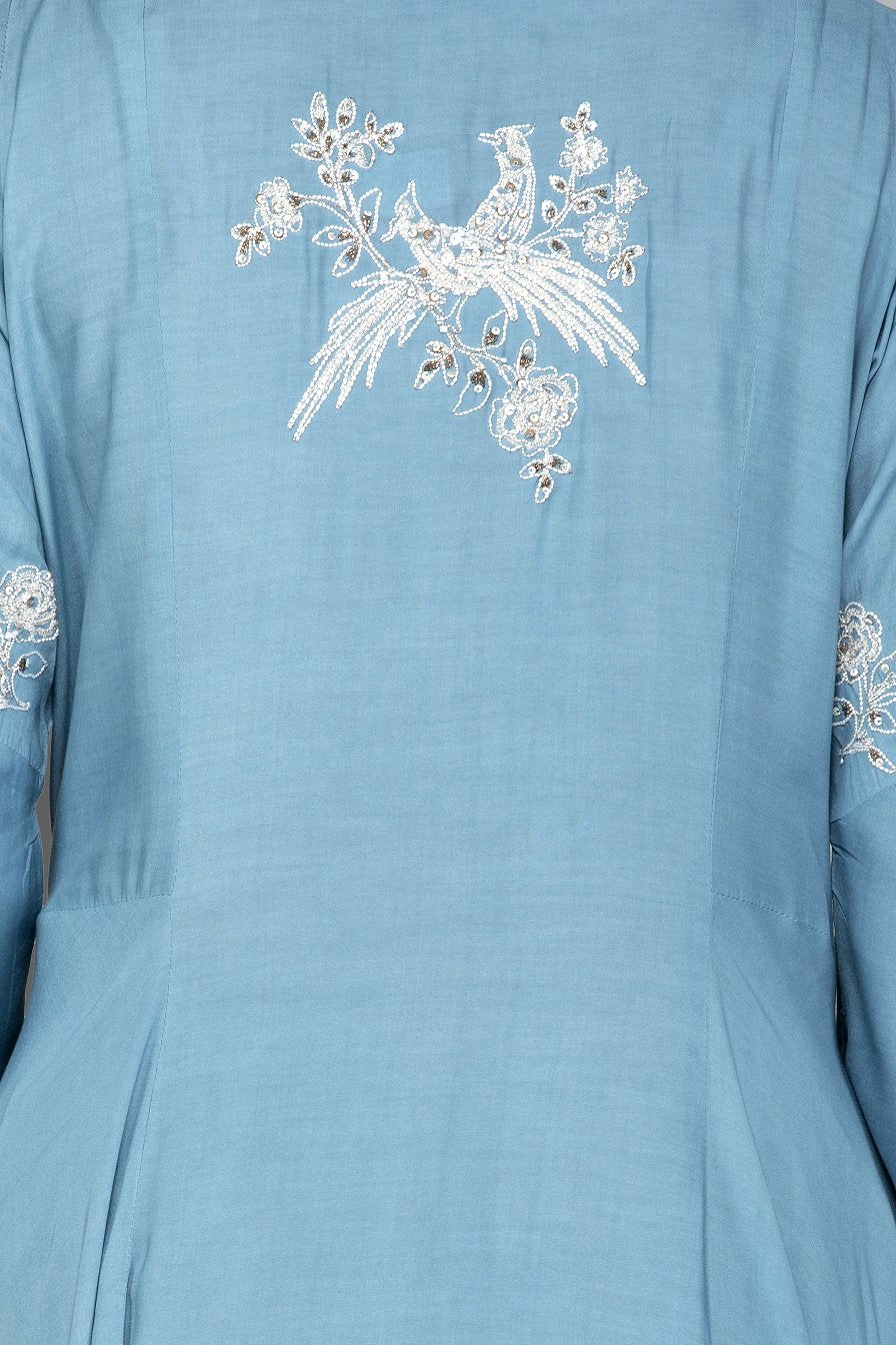 Shop lovely blue modal silk palazzo suit online in USA. Be an epitome of Indian fashion with a premium range of designer suits, Anarkali dresses from Pure Elegance luxury Indian fashion store in USA. Buy online now.-closeup