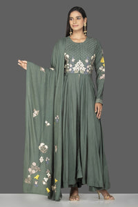 Shop beautiful green modal silk resham embroidery Anarkali online in USA with dupatta. Go for an extraordinary traditional look with splendid designer Anarkali suits. salwar suits from Pure Elegance from Indian boutique in USA.  Shop online or visit our store now.-full view