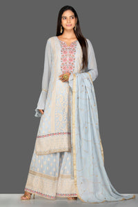 Buy powder blue embroidered georgette palazzo suit online in USA with dupatta. Turn heads at weddings and festive occasions with exquisite Indian women designer clothes from Pure Elegance Indian fashion store in USA. Shop now.-full view