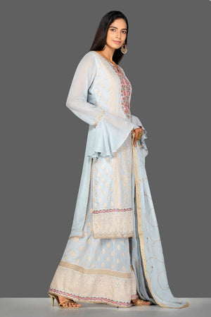 Buy powder blue embroidered georgette palazzo suit online in USA with dupatta. Turn heads at weddings and festive occasions with exquisite Indian women designer clothes from Pure Elegance Indian fashion store in USA. Shop now.-side