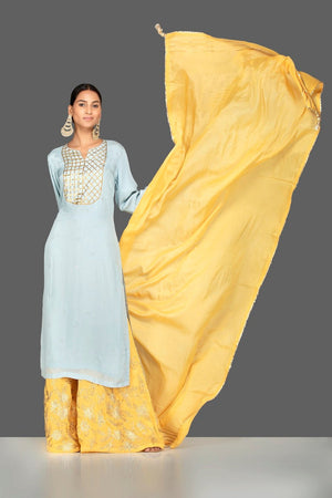 Shop lovely powder blue and yellow georgette gota work palazzo suit online in USA. Shop exquisite Indian designer clothes for women from Pure Elegance Indian boutique in USA. We have a splendid variety of designer Anarkali suits, traditional salwar suits, sharara suits  for parties and weddings all under one roof.-full view