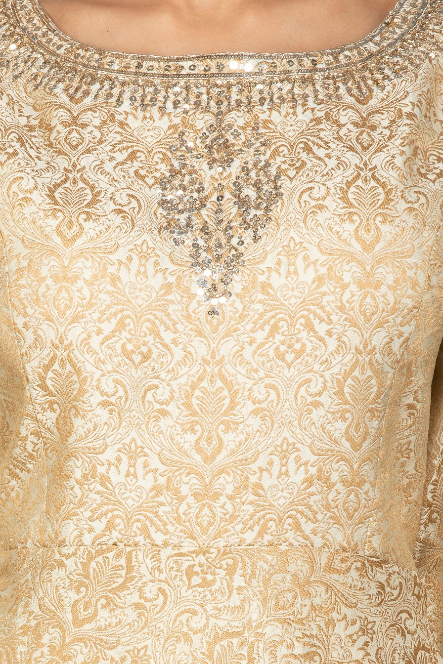 Buy cream embroidered brocade silk salwar suit online in USA with bandhej dupatta. Shop exquisite Indian designer clothes for women from Pure Elegance Indian boutique in USA. We have a splendid variety of designer Anarkali suits, traditional salwar suits, sharara suits  for parties and weddings all under one roof.-neckline
