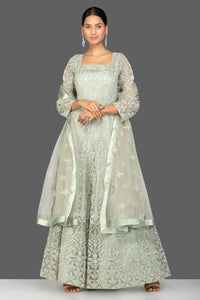 Shop grey stone and resham embroidery net Anarkali online in USA with dupatta. Make a stunning fashion statement at weddings and special occasions with an exquisite collection of designer Anarkali suits, traditional salwar suits, bridal lehengas from Pure Elegance Indian fashion store in USA. -full view