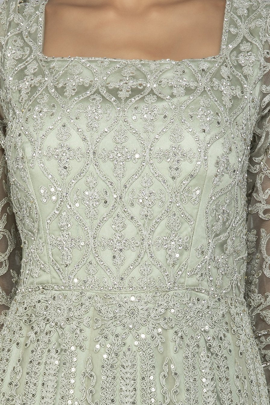 Shop grey stone and resham embroidery net Anarkali online in USA with dupatta. Make a stunning fashion statement at weddings and special occasions with an exquisite collection of designer Anarkali suits, traditional salwar suits, bridal lehengas from Pure Elegance Indian fashion store in USA. -neckline