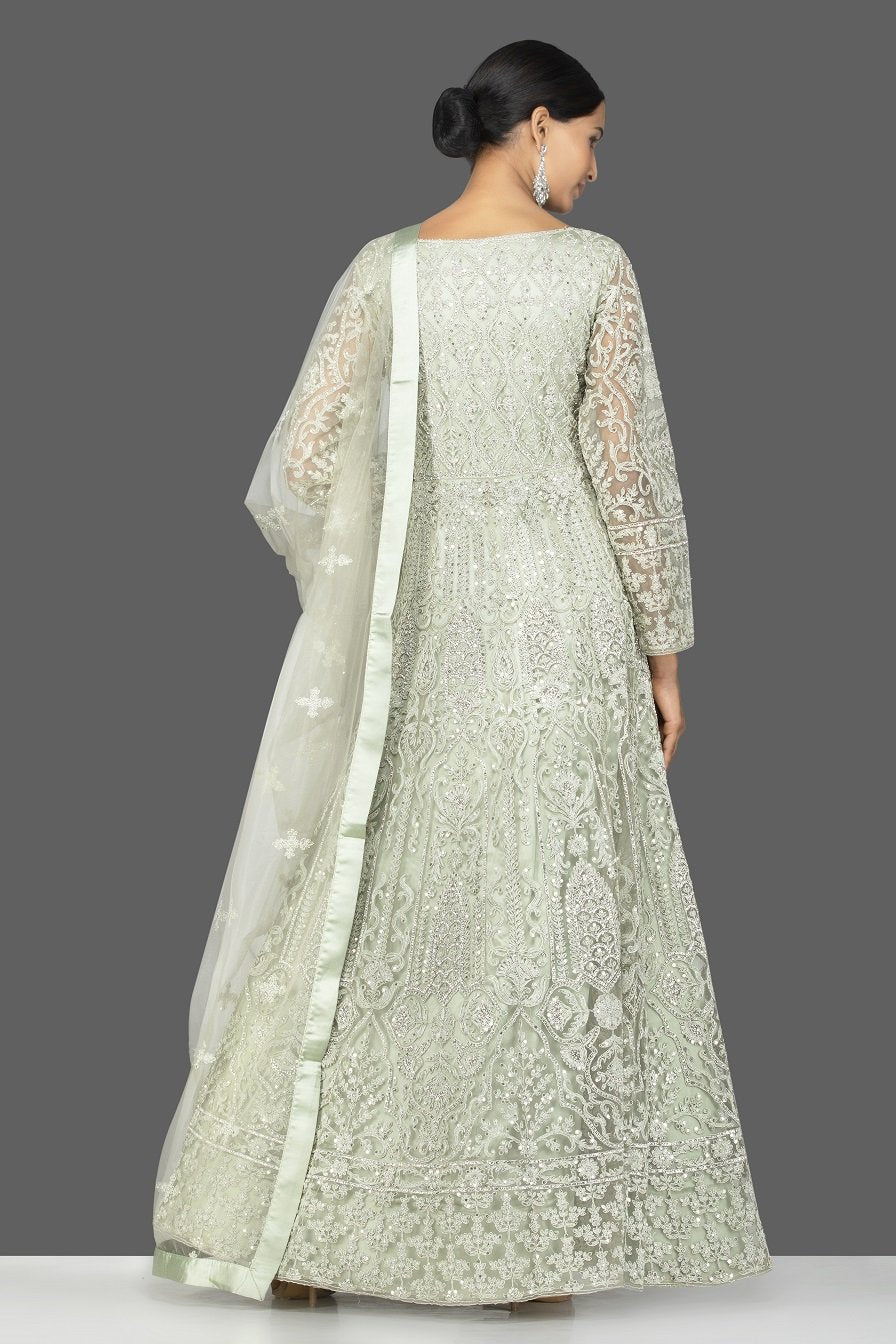 Shop grey stone and resham embroidery net Anarkali online in USA with dupatta. Make a stunning fashion statement at weddings and special occasions with an exquisite collection of designer Anarkali suits, traditional salwar suits, bridal lehengas from Pure Elegance Indian fashion store in USA. -back