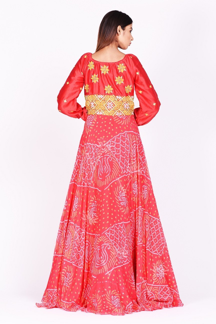 Shop stunning red printed off-shoulder georgettte gown online in USA. Make a stunning fashion statement at weddings and special occasions with an exquisite collection of designer Anarkali suits, traditional salwar suits, Indian designer dresses from Pure Elegance Indian fashion store in USA. -back