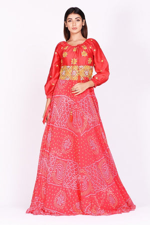 Shop stunning red printed off-shoulder georgettte gown online in USA. Make a stunning fashion statement at weddings and special occasions with an exquisite collection of designer Anarkali suits, traditional salwar suits, Indian designer dresses from Pure Elegance Indian fashion store in USA. -frontpose