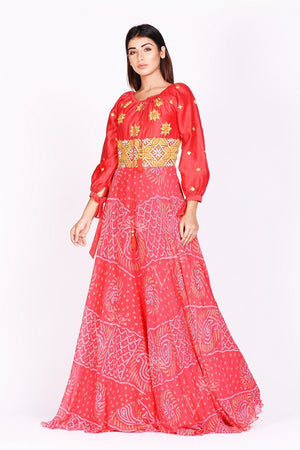 Shop stunning red printed off-shoulder georgettte gown online in USA. Make a stunning fashion statement at weddings and special occasions with an exquisite collection of designer Anarkali suits, traditional salwar suits, Indian designer dresses from Pure Elegance Indian fashion store in USA. -side