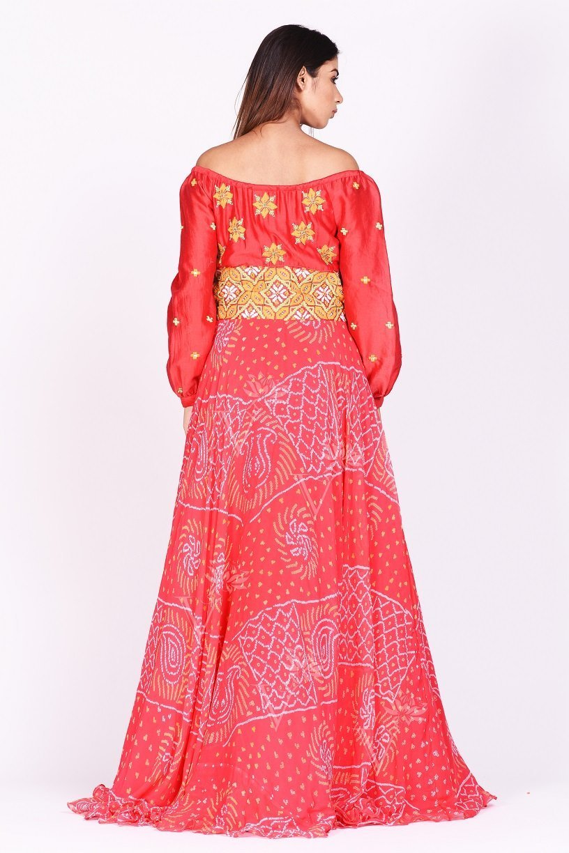 Shop stunning red printed off-shoulder georgettte gown online in USA. Make a stunning fashion statement at weddings and special occasions with an exquisite collection of designer Anarkali suits, traditional salwar suits, Indian designer dresses from Pure Elegance Indian fashion store in USA. -backpose