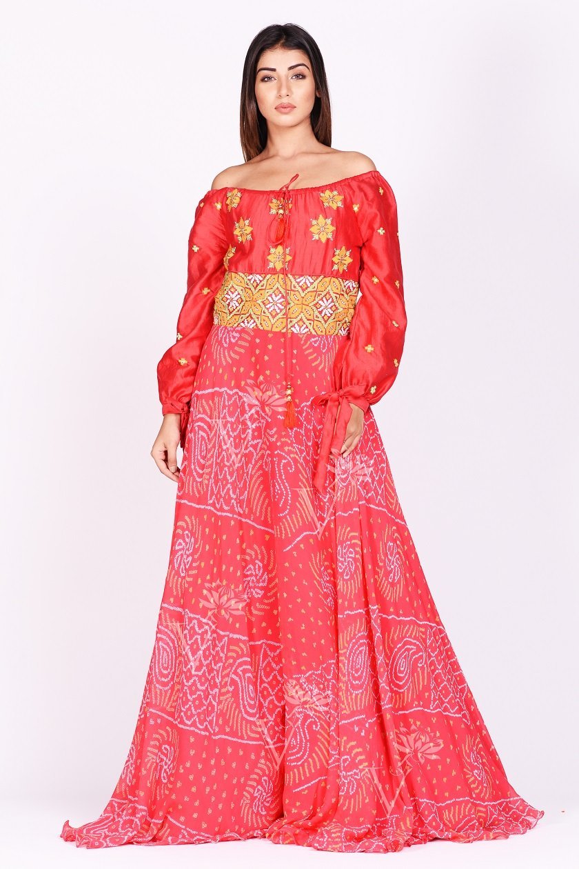 Shop stunning red printed off-shoulder georgettte gown online in USA. Make a stunning fashion statement at weddings and special occasions with an exquisite collection of designer Anarkali suits, traditional salwar suits, Indian designer dresses from Pure Elegance Indian fashion store in USA. -front