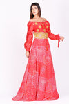 Shop stunning red printed off-shoulder georgettte gown online in USA. Make a stunning fashion statement at weddings and special occasions with an exquisite collection of designer Anarkali suits, traditional salwar suits, Indian designer dresses from Pure Elegance Indian fashion store in USA. -full view