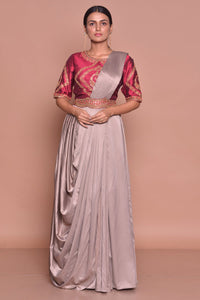 Buy stunning grey embroidered designer draped sari online in USA with maroon embroidered saree blouse. Flaunt Indian fashion with exquisite designer sarees, embroidered sarees, partywear saris from Pure Elegance Indian cloth store in USA. -full view