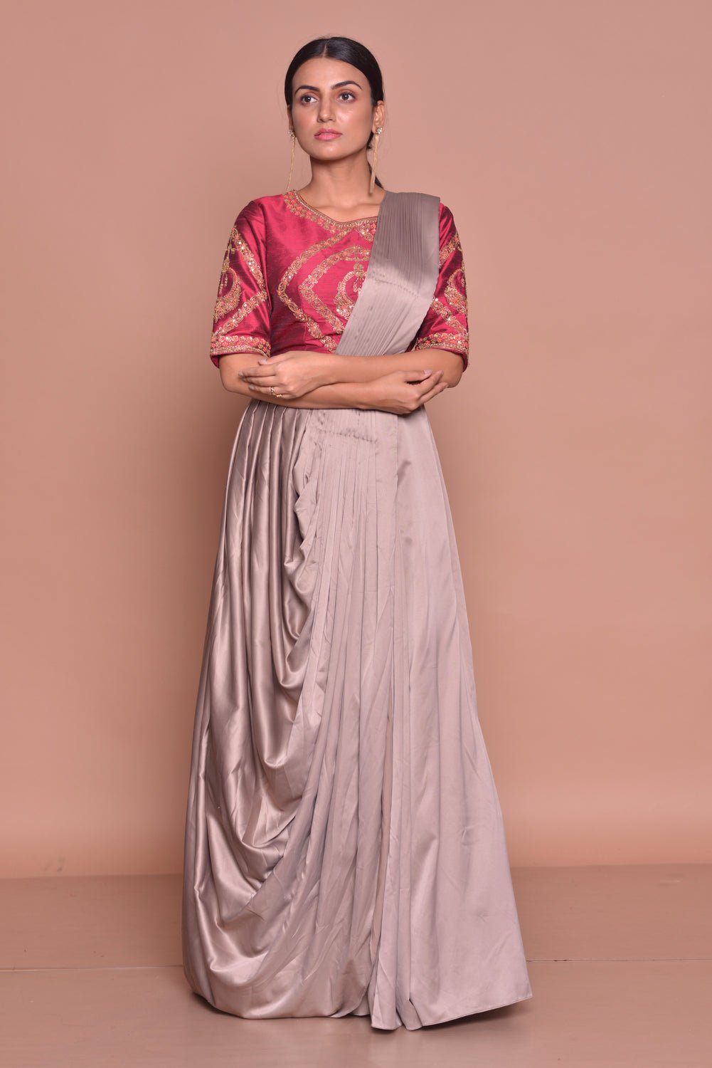 Buy stunning grey embroidered designer draped sari online in USA with maroon embroidered saree blouse. Flaunt Indian fashion with exquisite designer sarees, embroidered sarees, partywear saris from Pure Elegance Indian cloth store in USA. -side