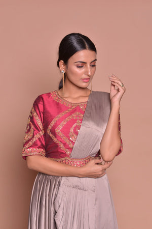Buy stunning grey embroidered designer draped sari online in USA with maroon embroidered saree blouse. Flaunt Indian fashion with exquisite designer sarees, embroidered sarees, partywear saris from Pure Elegance Indian cloth store in USA. -closeup