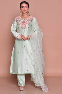 Shop elegant mint green embroidered suit online in USA with palazzo and dupatta. Flaunt Indian fashion with exquisite designer suits, Anarkali suits, sharara suits from Pure Elegance Indian cloth store in USA. -full view