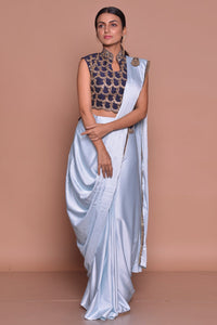 Buy light blue designer draped saree  online in USA with embroidered saree blouse. Flaunt Indian fashion with exquisite designer sarees, partywear sarees, bridal sarees from Pure Elegance Indian cloth store in USA. -full view