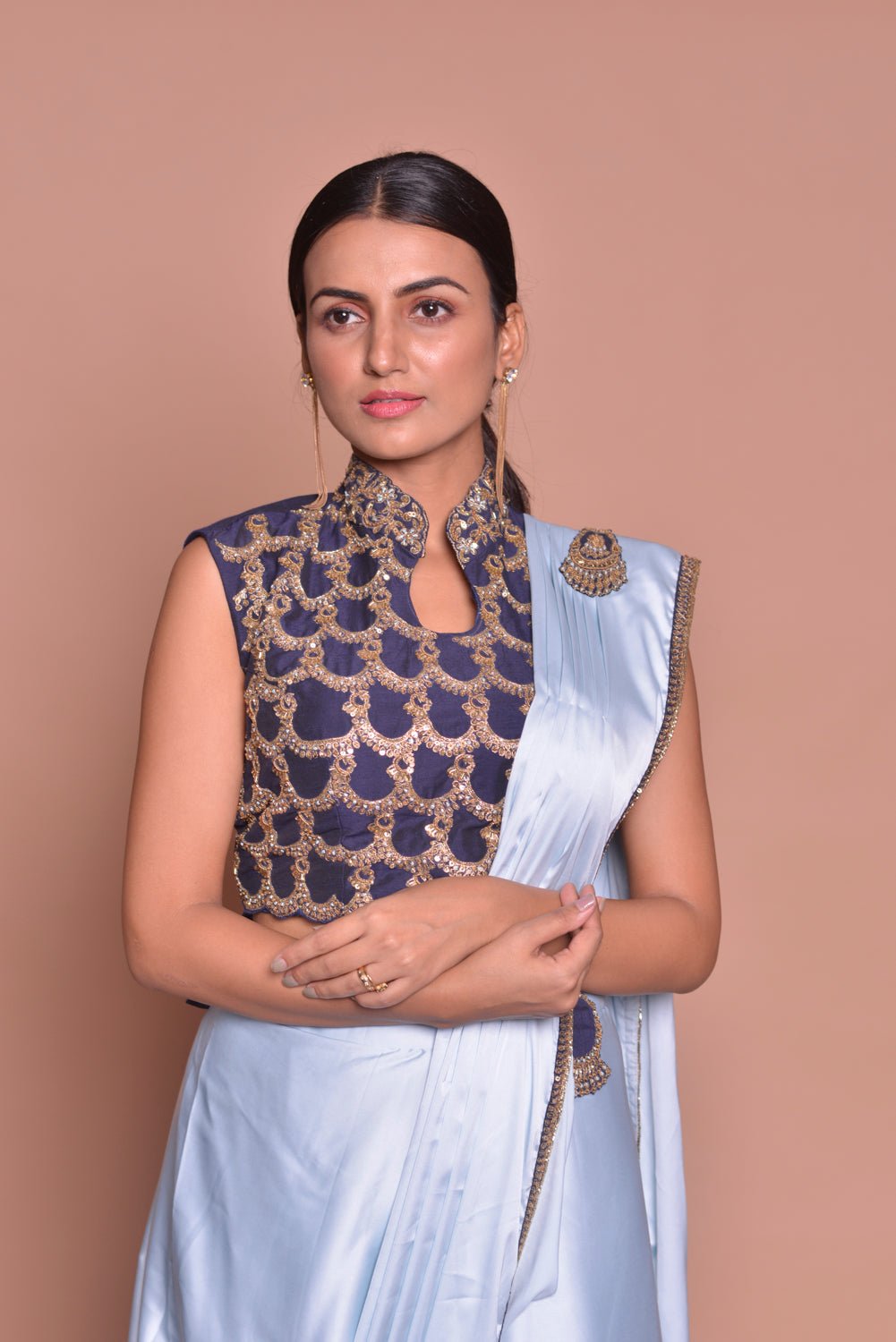 Buy light blue designer draped saree  online in USA with embroidered saree blouse. Flaunt Indian fashion with exquisite designer sarees, partywear sarees, bridal sarees from Pure Elegance Indian cloth store in USA. -closeup