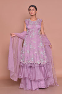 Buy gorgeous mauve embroidered kurta with sharara online in USA and dupatta. Flaunt Indian fashion with exquisite designer suits, Anarkali suits, sharara suits from Pure Elegance Indian cloth store in USA. -full view