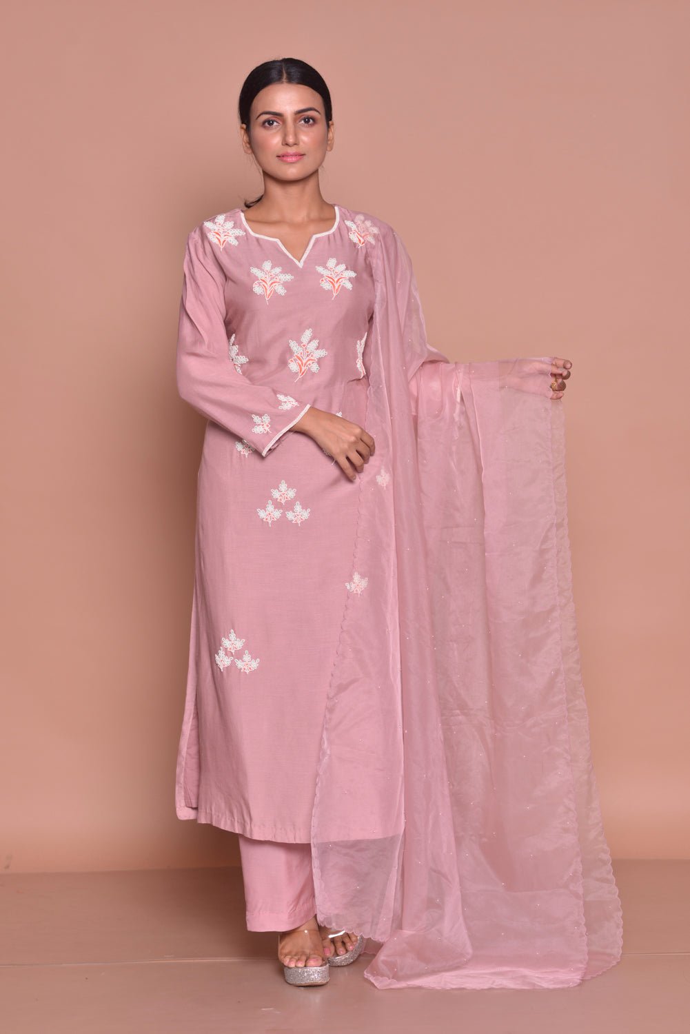 Buy champagne pink embroidered suit online in USA with embroidered saree blouse. Flaunt Indian fashion with exquisite designer suits, Anarkali dresses, traditional salwar suits from Pure Elegance Indian cloth store in USA. -full view