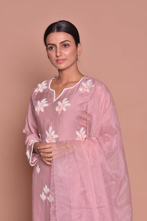Buy champagne pink embroidered suit online in USA with embroidered saree blouse. Flaunt Indian fashion with exquisite designer suits, Anarkali dresses, traditional salwar suits from Pure Elegance Indian cloth store in USA. -closeup