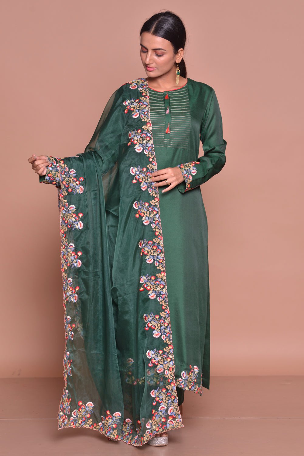 Shop beautiful dark green embroidered suit online in USA with palazzo and embroidered dupatta. Flaunt Indian fashion with exquisite designer suits, Anarkali dresses, traditional salwar suits from Pure Elegance Indian cloth store in USA. -full view