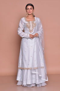 Shop stunning white embroidered kurta with skirt online in USA and dupatta. Flaunt Indian fashion with exquisite designer suits, Anarkali suits, sharara suits from Pure Elegance Indian cloth store in USA. -full view