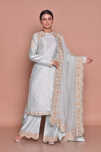 Buy gorgeous powder blue embroidered suit online in USA with embroidered palazzo and embroidered dupatta. Flaunt Indian fashion with exquisite designer suits, Anarkali dresses, traditional salwar suits from Pure Elegance Indian cloth store in USA. -full view