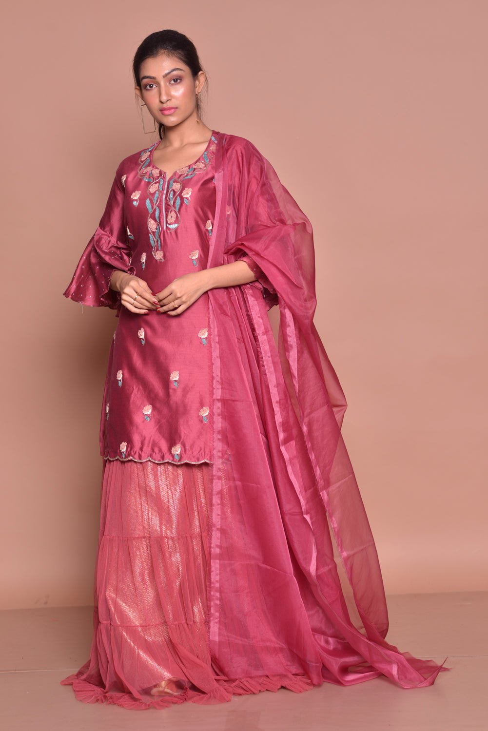 Buy rich maroon color embroidered kurta with skirt online in USA and dupatta. Flaunt Indian fashion with exquisite designer suits, Anarkali suits, sharara suits from Pure Elegance Indian cloth store in USA. -side
