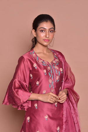 Buy rich maroon color embroidered kurta with skirt online in USA and dupatta. Flaunt Indian fashion with exquisite designer suits, Anarkali suits, sharara suits from Pure Elegance Indian cloth store in USA. -closeup