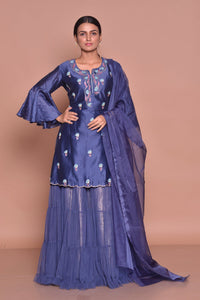 Shop beautiful royal blue embroidered kurta online in USA with skirt and dupatta. Flaunt Indian fashion with exquisite designer suits, Anarkali suits, sharara suits from Pure Elegance Indian cloth store in USA. -full view