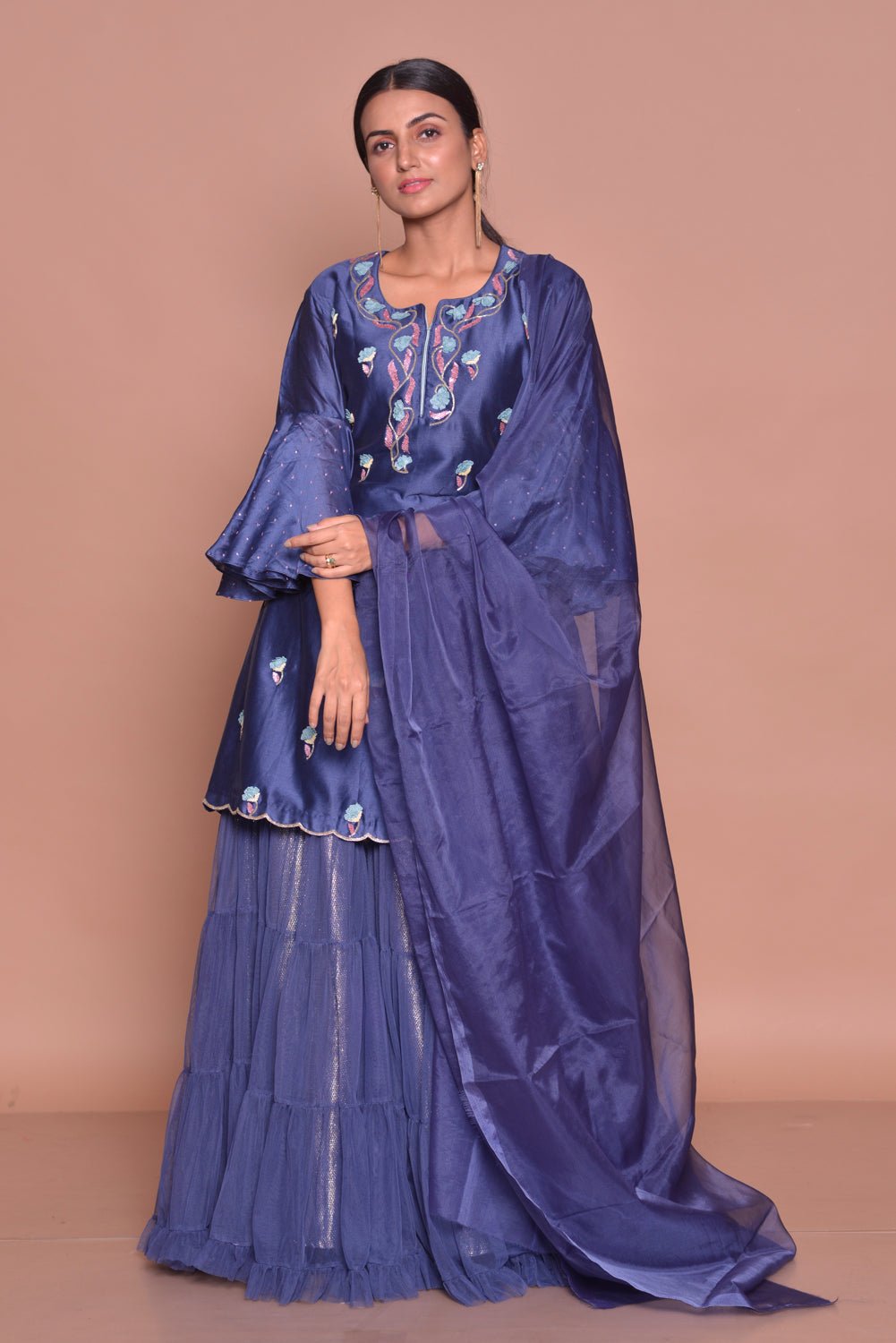 Shop beautiful royal blue embroidered kurta online in USA with skirt and dupatta. Flaunt Indian fashion with exquisite designer suits, Anarkali suits, sharara suits from Pure Elegance Indian cloth store in USA. -front