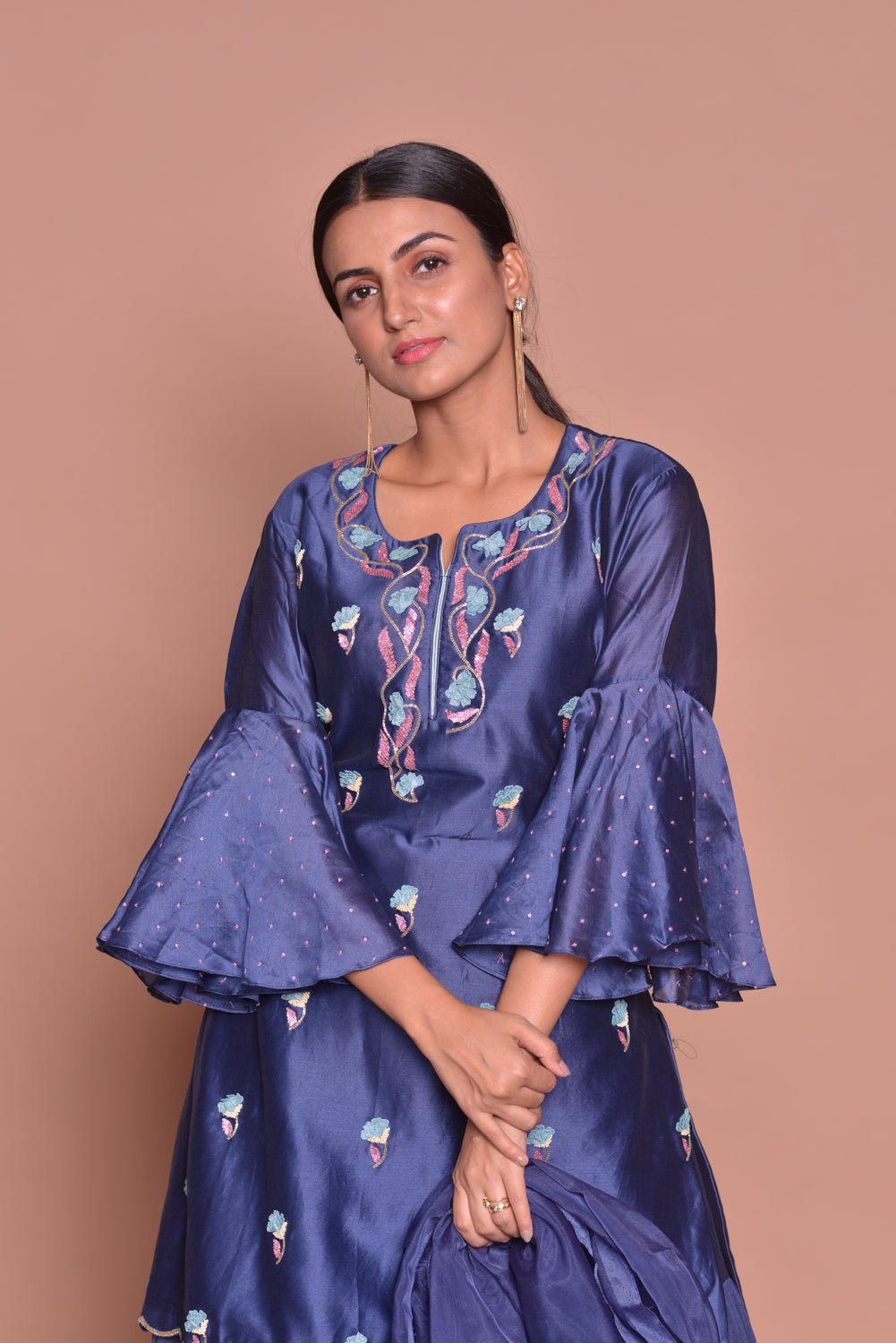 Shop beautiful royal blue embroidered kurta online in USA with skirt and dupatta. Flaunt Indian fashion with exquisite designer suits, Anarkali suits, sharara suits from Pure Elegance Indian cloth store in USA. -closeup