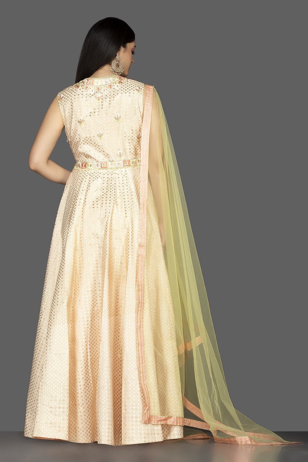 Buy beautiful cream embroidered Banarasi cotton Anarkali suit online in USA with yellow dupatta. Spread ethnic elegance on weddings and special occasions in splendid designer lehengas, Anarkali suits crafted with exquisite Indian craftsmanship from Pure Elegance Indian fashion store in USA.-back