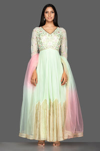 Buy mint green embroidered net floorlength Anarkali online in USA with dupatta. Spread ethnic elegance on weddings and special occasions in splendid designer lehengas, Anarkali suits crafted with exquisite Indian craftsmanship from Pure Elegance Indian fashion store in USA.-full view