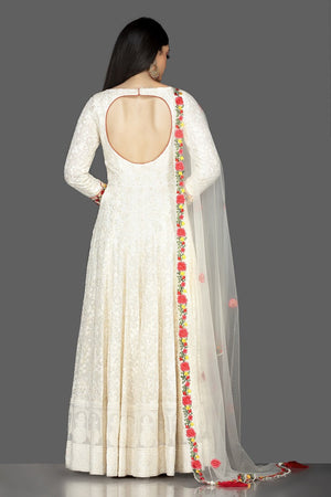 Shop elegant off-white georgette Lucknowi Anarkali online in USA with dupatta. Spread ethnic elegance on weddings and special occasions in splendid designer lehengas, Anarkali suits crafted with exquisite Indian craftsmanship from Pure Elegance Indian fashion store in USA.-backl