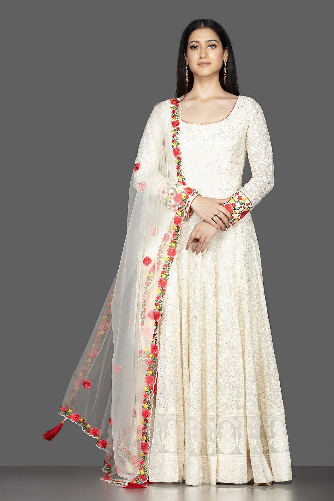 Shop elegant off-white georgette Lucknowi Anarkali online in USA with dupatta. Spread ethnic elegance on weddings and special occasions in splendid designer lehengas, Anarkali suits crafted with exquisite Indian craftsmanship from Pure Elegance Indian fashion store in USA.-full view