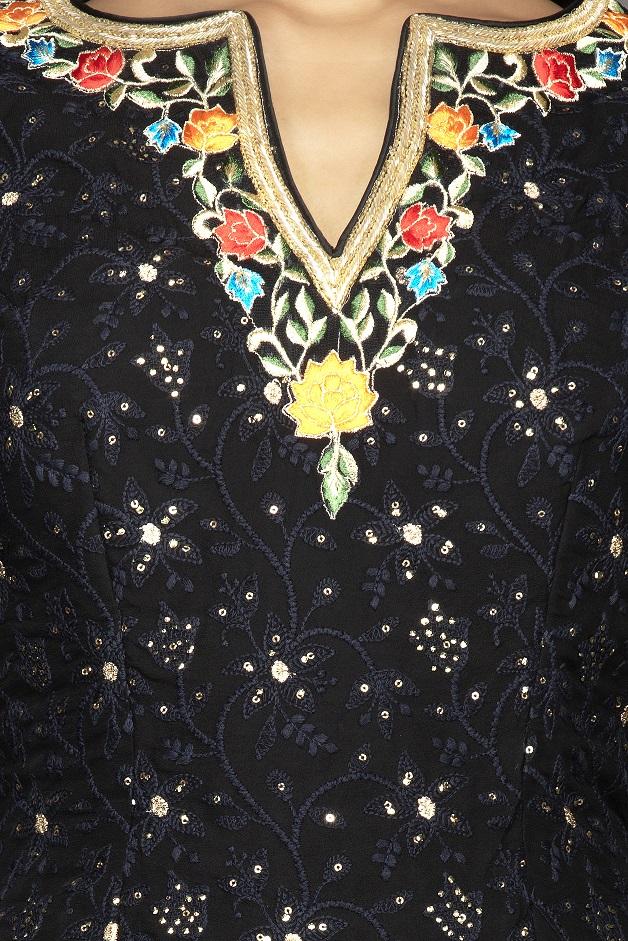 Buy stunning black georgette Lucknowi work garara suit online in USA with dupatta. Spread ethnic elegance on weddings and special occasions in splendid designer lehengas, Anarkali suits crafted with exquisite Indian craftsmanship from Pure Elegance Indian fashion store in USA.-neckline