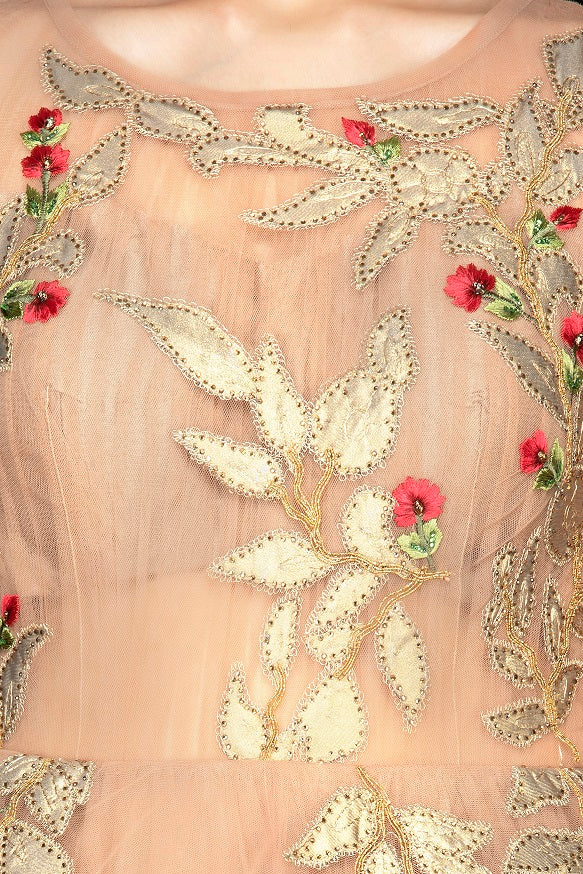 Shop gorgeous beige designer net gown online in USA with golden applique work. Look radiant on weddings and special occasions in splendid designer Indian dresses, wedding lehengas crafted with finest embroideries and stunning silhouettes from Pure Elegance Indian fashion boutique in USA.-closeup