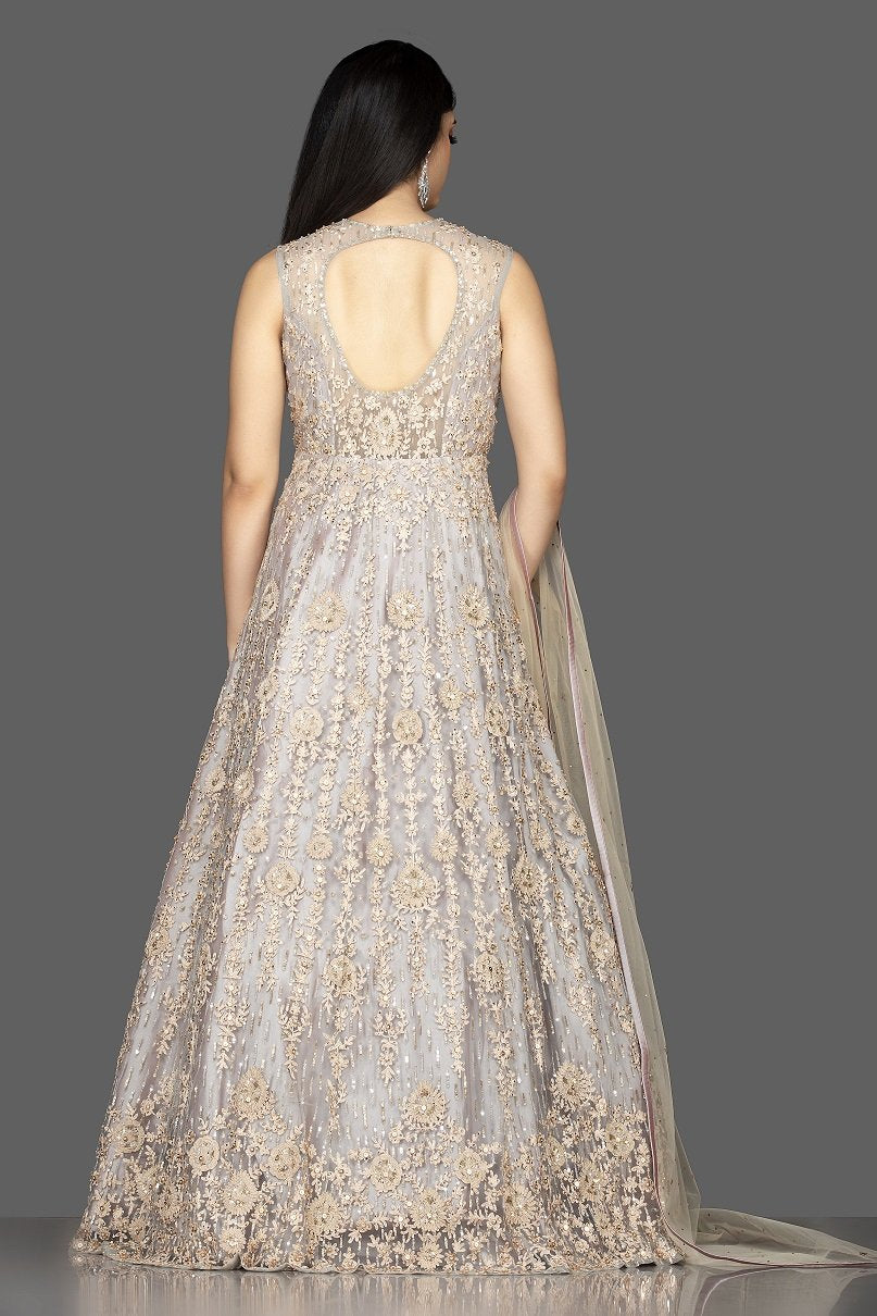 Shop beautiful light grey stone and resham embroidery silk Anarkali online in USA with dupatta. Look radiant on weddings and special occasions in splendid designer Indian dresses, wedding lehengas crafted with finest embroideries and stunning silhouettes from Pure Elegance Indian fashion boutique in USA.-back