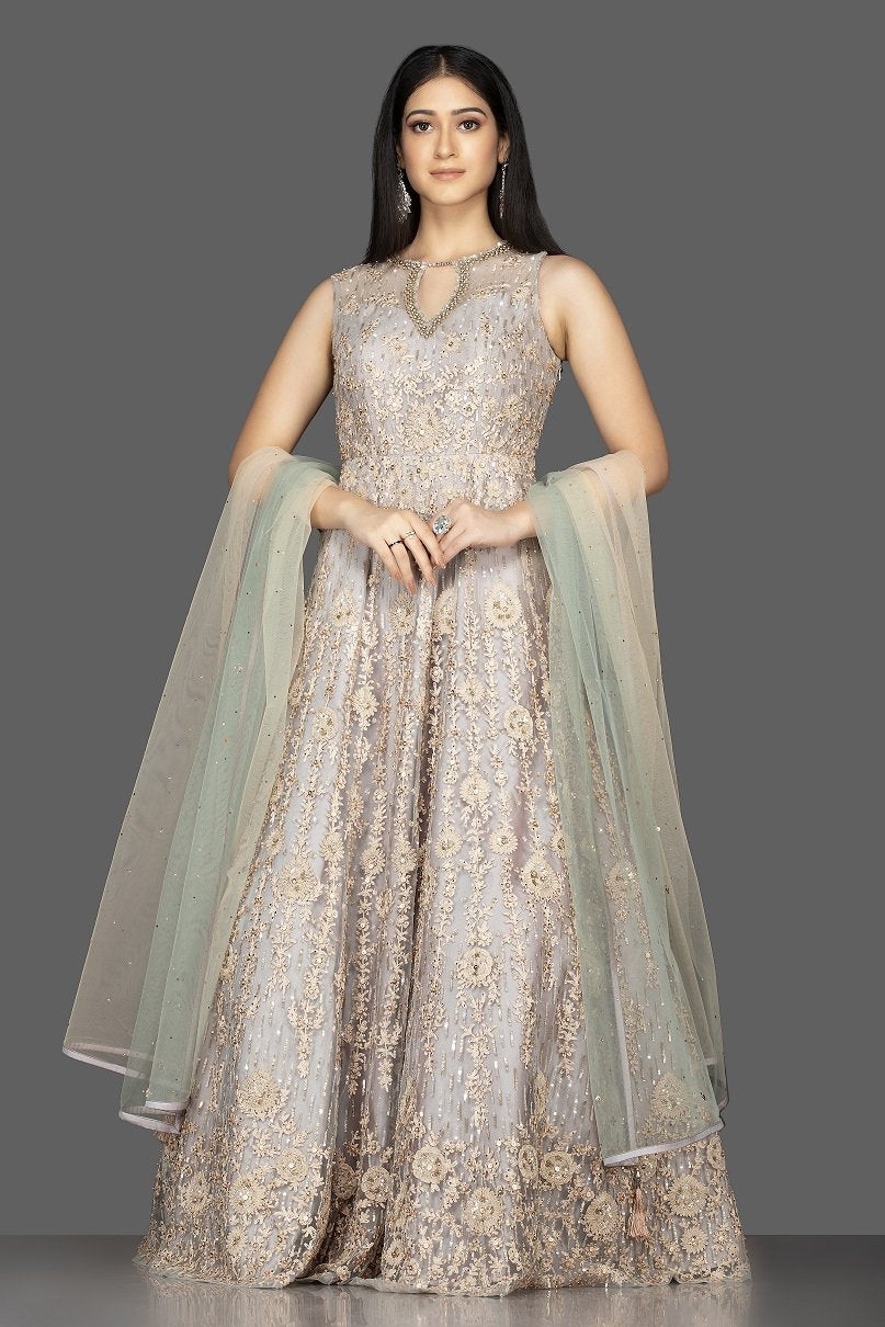 Shop beautiful light grey stone and resham embroidery silk Anarkali online in USA with dupatta. Look radiant on weddings and special occasions in splendid designer Indian dresses, wedding lehengas crafted with finest embroideries and stunning silhouettes from Pure Elegance Indian fashion boutique in USA.-full view
