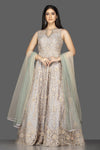 Shop beautiful light grey stone and resham embroidery silk Anarkali online in USA with dupatta. Look radiant on weddings and special occasions in splendid designer Indian dresses, wedding lehengas crafted with finest embroideries and stunning silhouettes from Pure Elegance Indian fashion boutique in USA.-full view