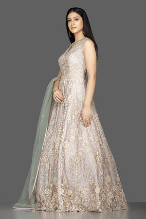Shop beautiful light grey stone and resham embroidery silk Anarkali online in USA with dupatta. Look radiant on weddings and special occasions in splendid designer Indian dresses, wedding lehengas crafted with finest embroideries and stunning silhouettes from Pure Elegance Indian fashion boutique in USA.-side
